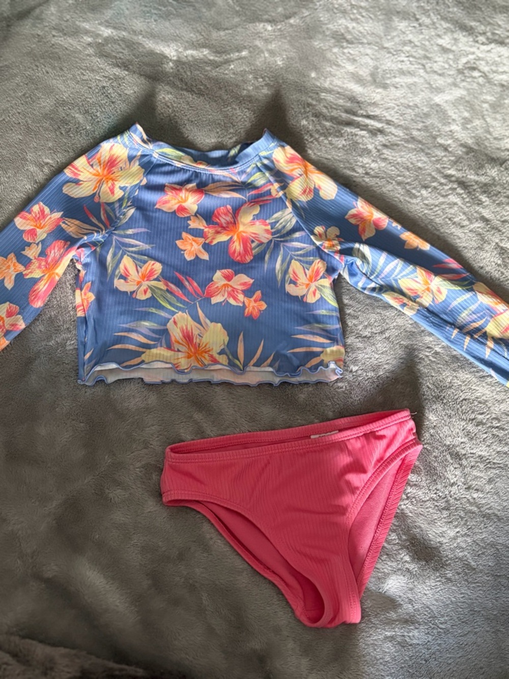 wonder nation Blue Floral Long Sleeve Rash Guard with Pink Bikini Bottoms